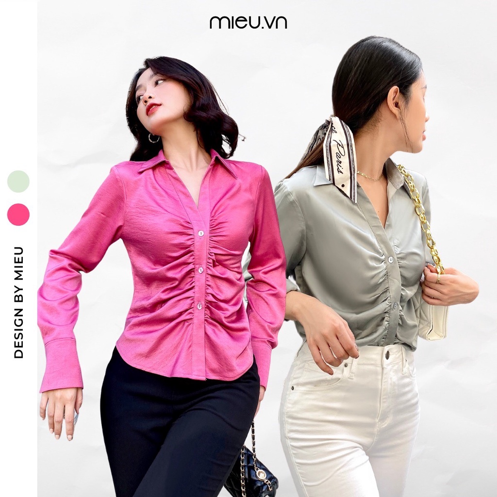 Áo sơ mi lụa xếp nhún trước MIEU - HD35