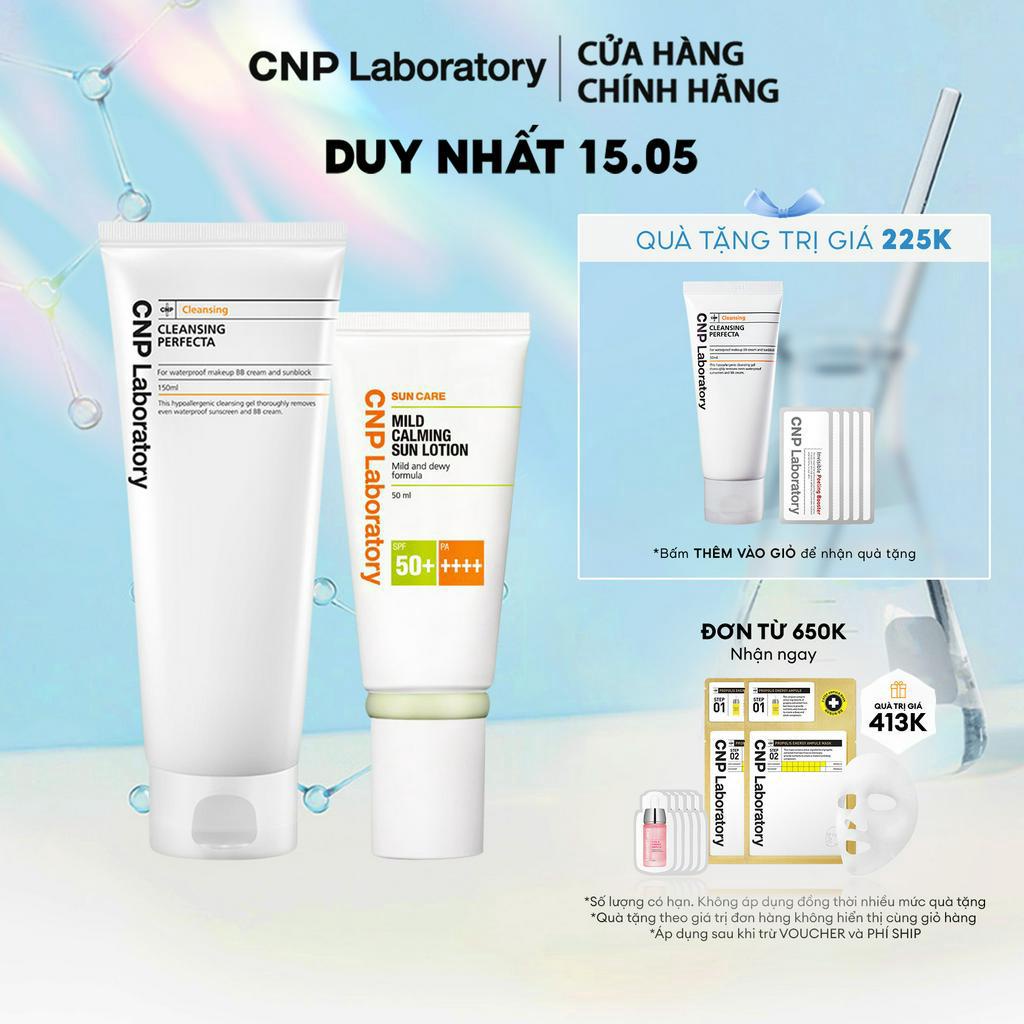 Bộ đôi Sữa chống nắng dịu da CNP Laboratory SPF50+/PA++++ & Gel tẩy trang sạch sâu CNP Cleansing Perfecta