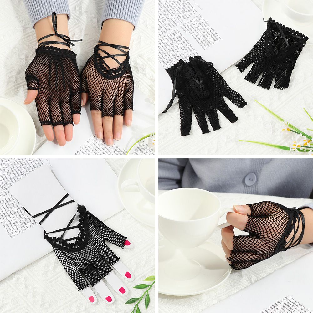 Găng Tay Ren Lưới Hở Ngón Màu Đen Phong Cách Gothic Lolita Quyến Rũ Cho Nữ