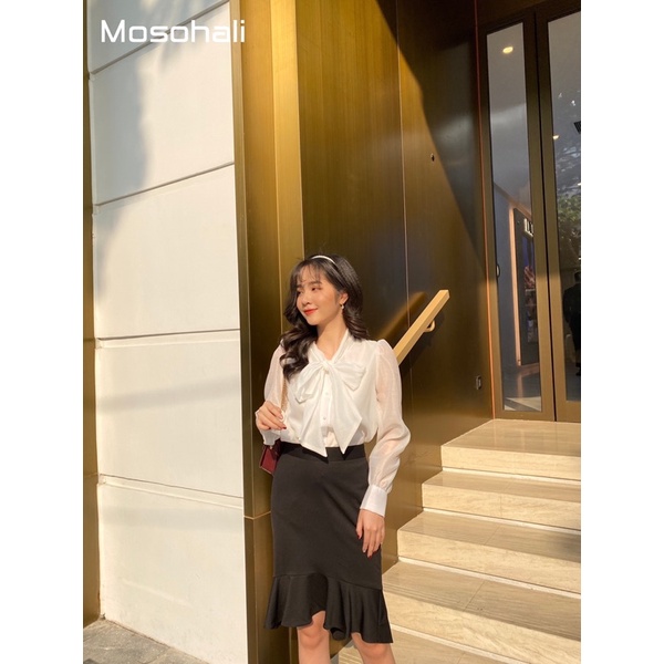 Áo sơ mi nữ suông Mosohali cổ nơ khuy ngọc thời trang công sở thiết kế mosohali