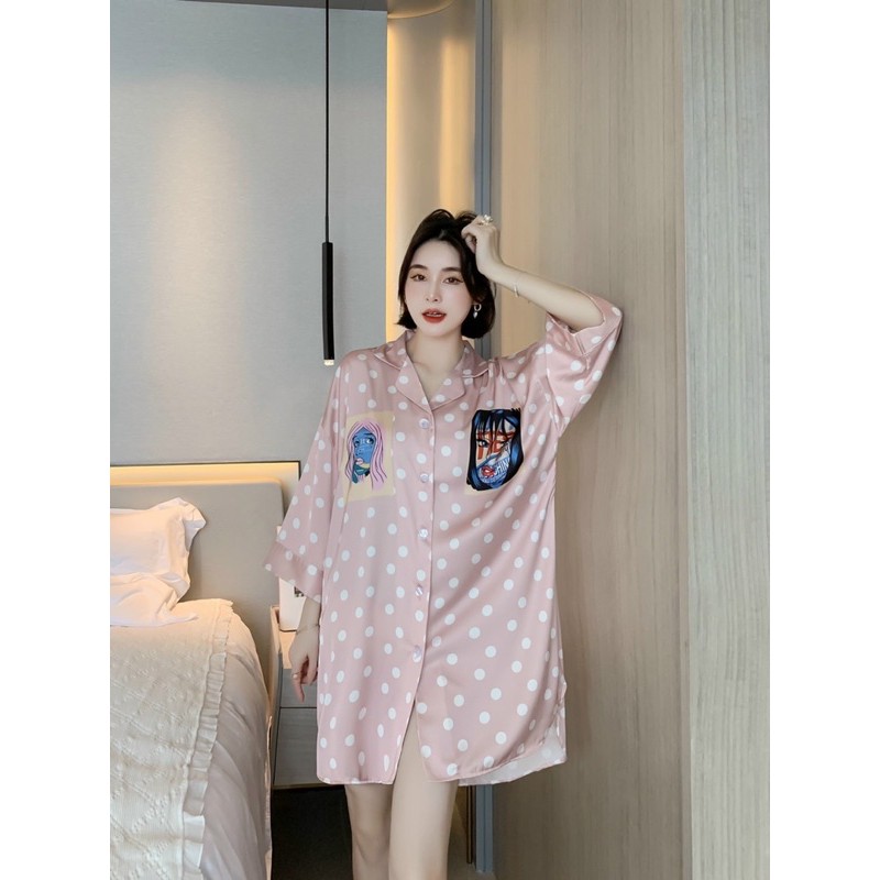 [Cao Cấp] Đầm Ngủ Pajamas Sơ Mi Phom Rộng Phi Lụa Cao Cấp, Đầm Sơ Mi Lụa Satin Mịn Mát & Ít Nhăn (3 mẫu)
