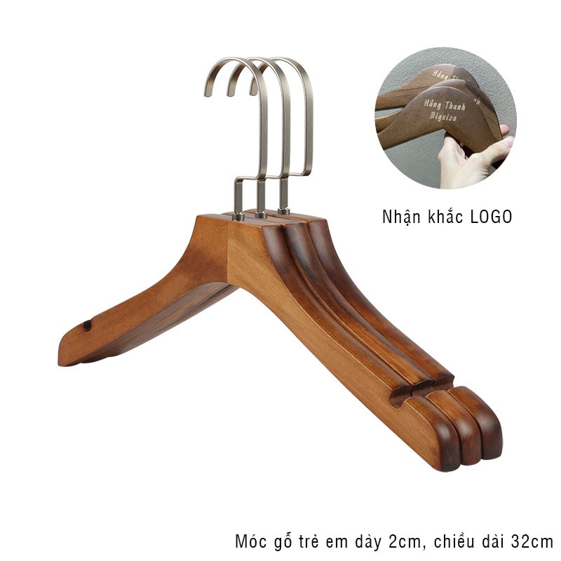 Móc gỗ treo quần áo trẻ em gỗ nâu dày 2cm chiều dài 32cm ( Bộ 10 móc )