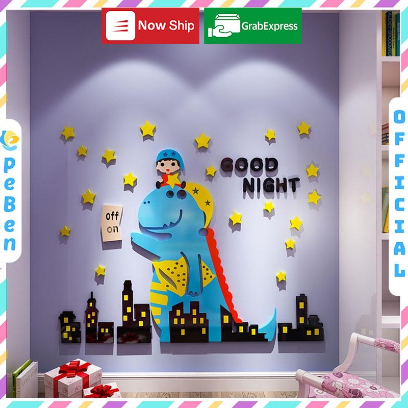 Tranh dán tường mica 3d decor khổ lớn khủng long chúc bé ngủ ngon trang trí mầm non, phòng cho bé Nhiều Size - EPeBen