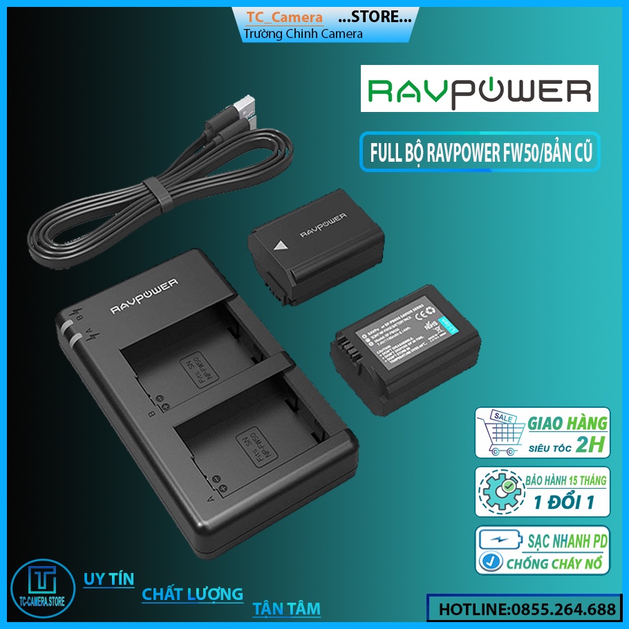 FULL BỘ SẠC + 2 PIN SONY FW50 - RAVPOWER CHO MÁY SONY ẢNH PHIÊN BẢN CŨ ( BẢO HÀNH 15 THÁNG)