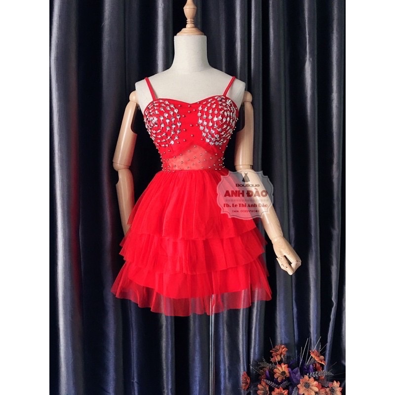 Váy nữ dự tiệc hai dây xòe tầng kết cườm trong có quần màu đỏ V0107 freesize AĐ BOUTIQUE