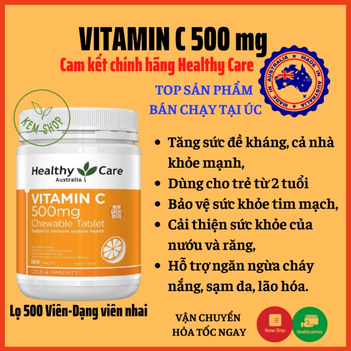 [Cam kết chuẩn Úc] Vitamin C 500v tăng cường đề kháng, đẹp da cho người từ 2 tuổi Healthy Care Vitamin C 500mg, Úc