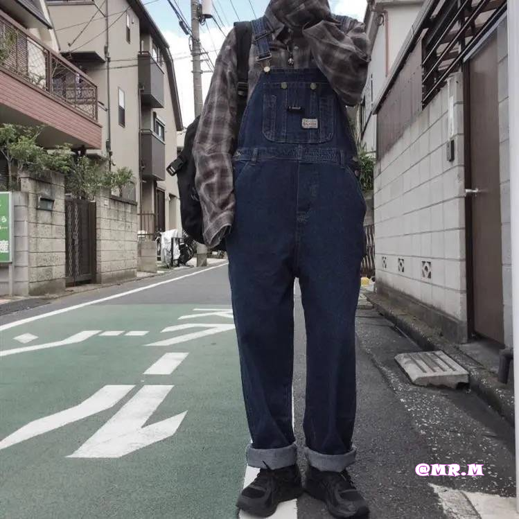 Quần jean Unisex Quần Yếm Denim Dáng Rộng Phối Túi Lớn Phong Cách Hàn Quốc Cá Tính Cho Nam