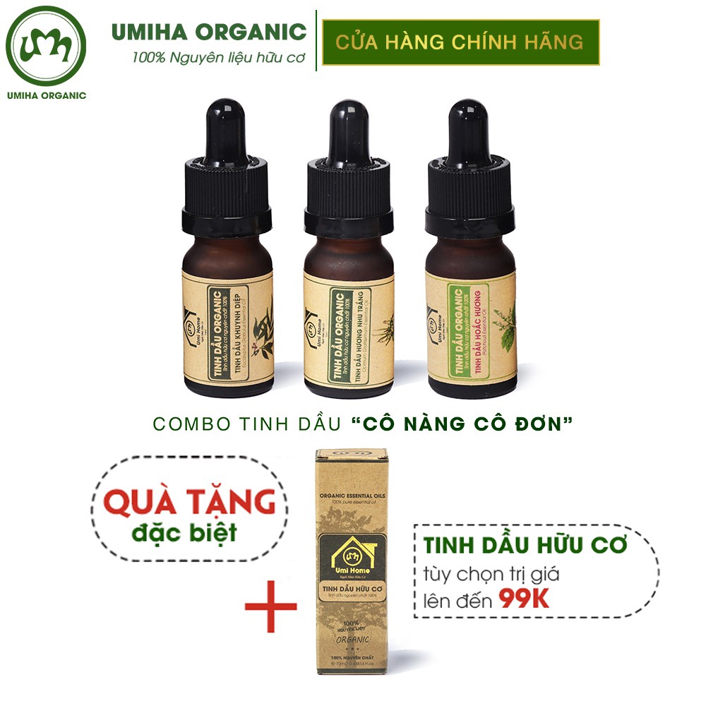 Combo 3 lọ Tinh Dầu UMIHA gồm - Khuynh Diệp, Hoắc Hương, Hương Nhu Trắng (10mlx3) - Hữu cơ nguyên chất