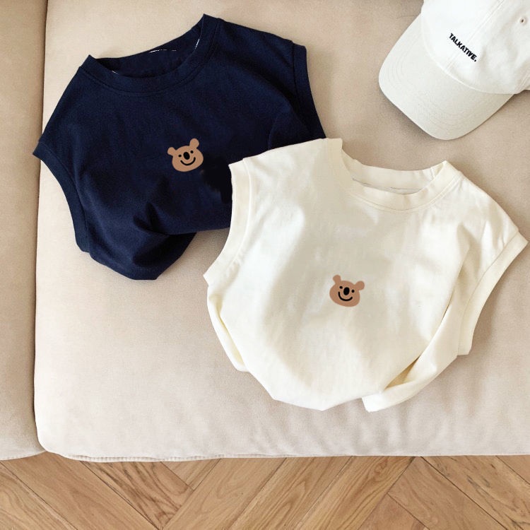 Áo Thun Sát Nách 100% cotton Họa Tiết Gấu Hoạt Hình Dễ Thương Cho Bé