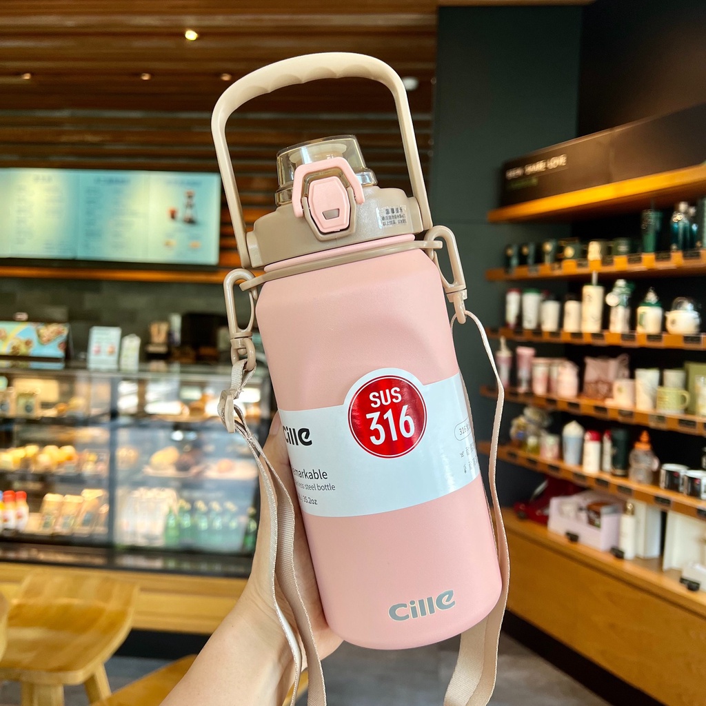 Bình Nước Giữ Nhiệt Cille 1000ml , Bình Nước Cao Cấp Có Ống Hút, Inox 316, Bình Nước Mang Đi Học
