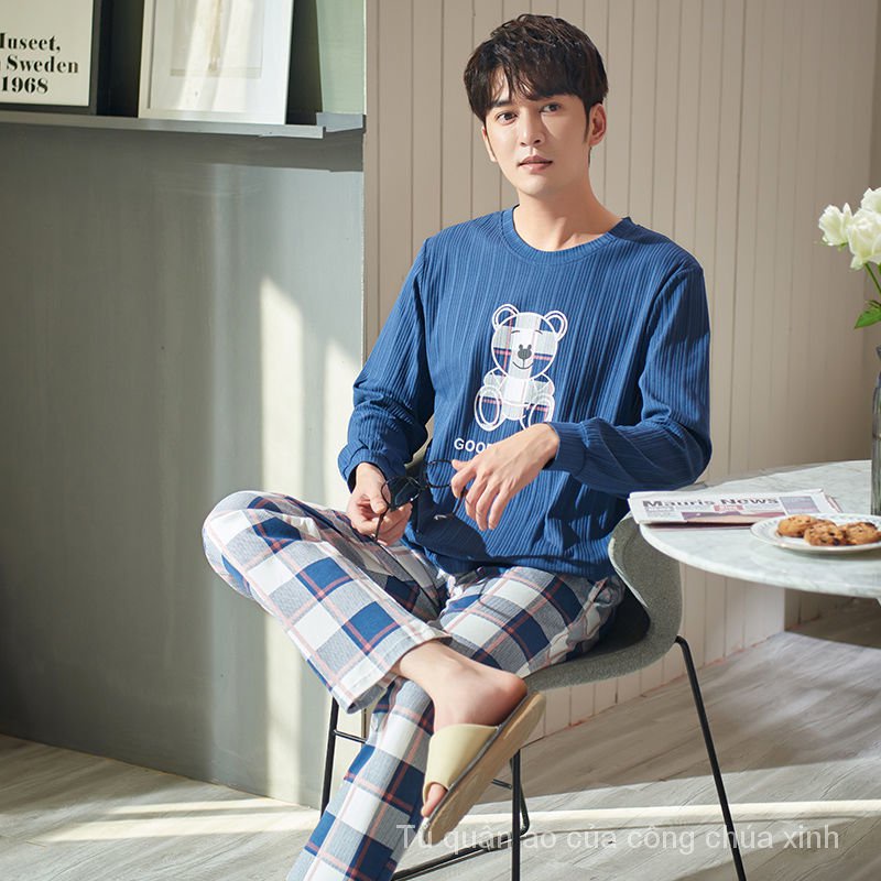 Bộ đồ ngủ tay dài chất liệu cotton mỏng nhẹ thời trang thu đông cho nam EI9w