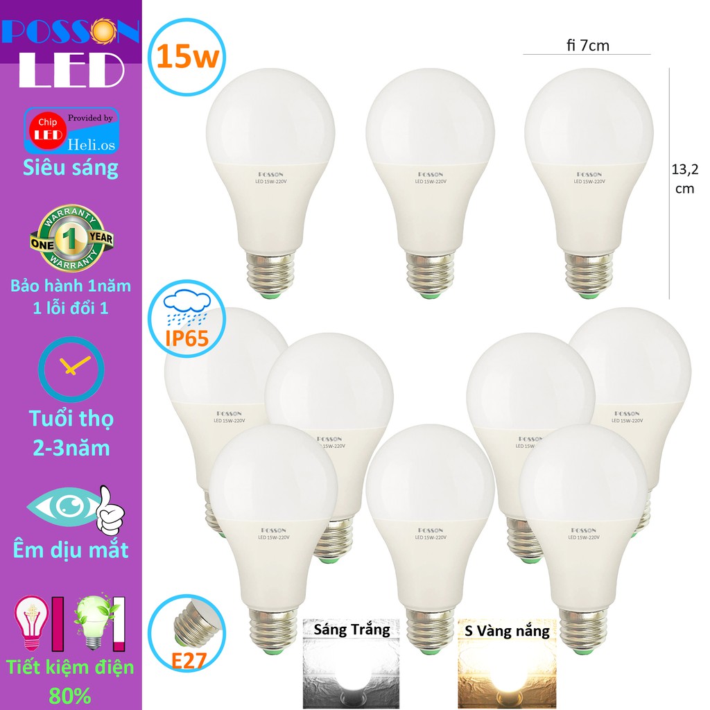 10 Bóng đèn Led 15w A70 bup tròn bulb kín chống nước tiết kiệm điện siêu sáng Posson LB-H15x