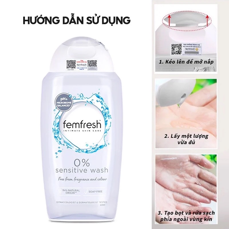 Dung dịch vệ sinh phụ nữ cao cấp cho da nhạy cảm Femfresh 0% Sensitive Intimate Wash 250ml