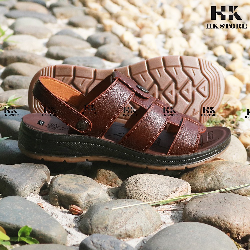 Dép sandal nam trung niên  HK.STORE  da bò xịn kết hợp đế kếp cao 3,5cm cực đẹp khâu may chân quai công nghệ 2021.