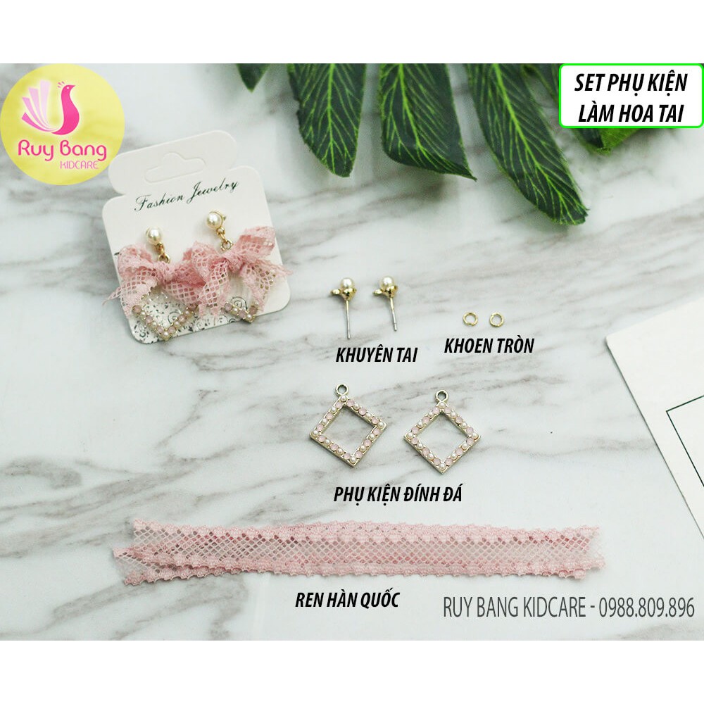 Set nguyên liệu làm hoa tai phối nơ ren