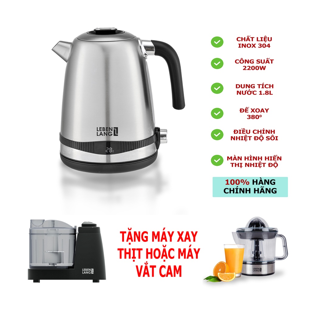 Ấm đun siêu tốc LEBENLANG LBE2662 chính hãng 100% từ Đức, bình đun siêu tốc có nút chọn nhiệt độ cần đun, đế xoay 360 độ