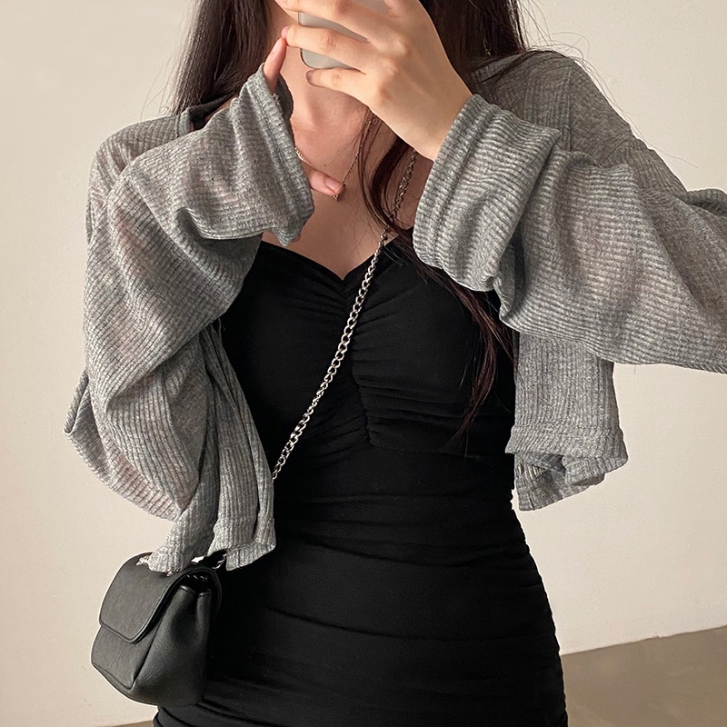 DUNEA Set Đầm Hai Dây Xếp Ly Và Áo Khoác Cardigan Dài Tay Phong Cách Quyến Rũ