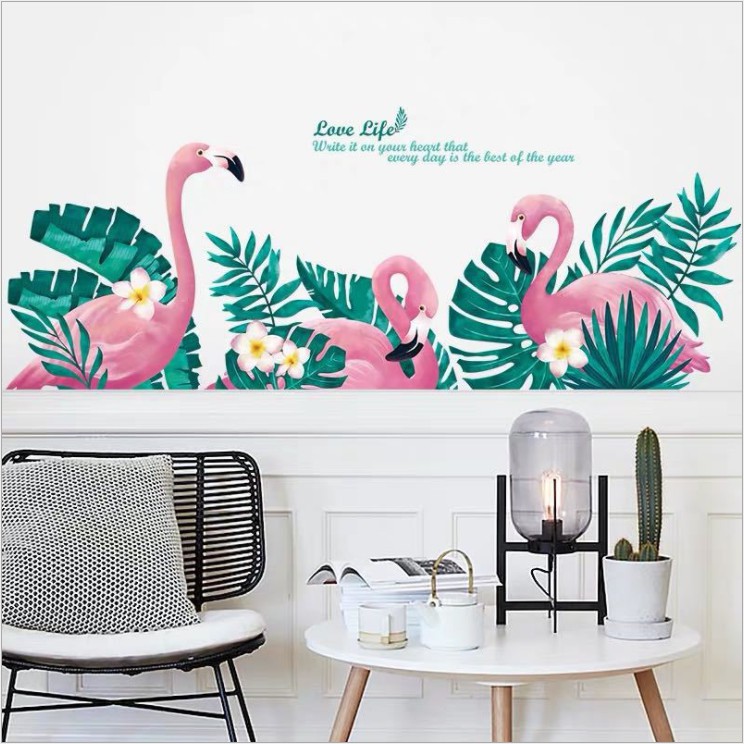 Decal dán tường Hạc hồng và lá xanh nhiệt đới phong cách Hàn Quốc - decan cao cấp dán dễ dàng tại nhà AMYSHOP