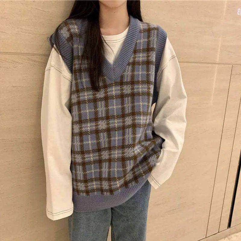 Áo ghi lê len họa tiết caro màu xanh phong cách vintage dành cho nữ | BigBuy360 - bigbuy360.vn