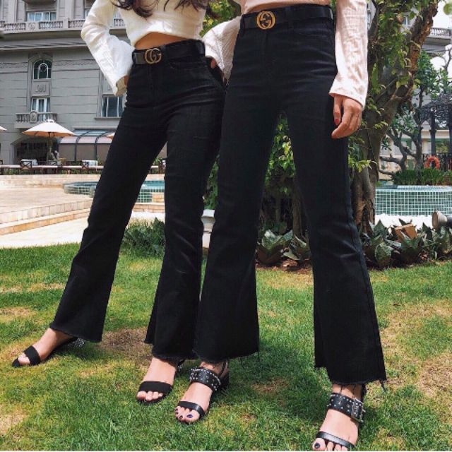 Quần Kaki Jeans Lưng Cao ống Loe Đen dày dặn