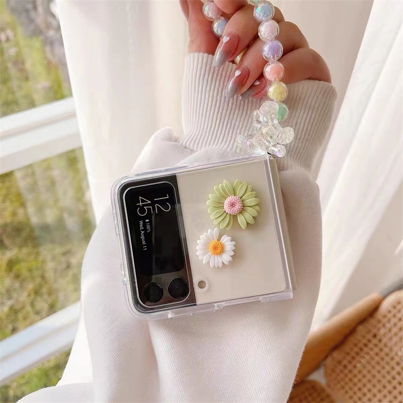 Ốp điện thoại trong suốt chống sốc đính hạt có vòng đeo tay cho Samsung Z Flip 4G 3 Flip3 5G