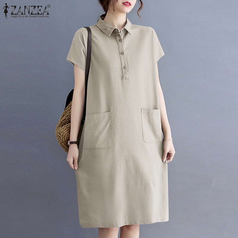 Đầm midi ZANZEA tay ngắn cổ bẻ màu trơn có túi hai bên duyên dáng dành cho nữ
