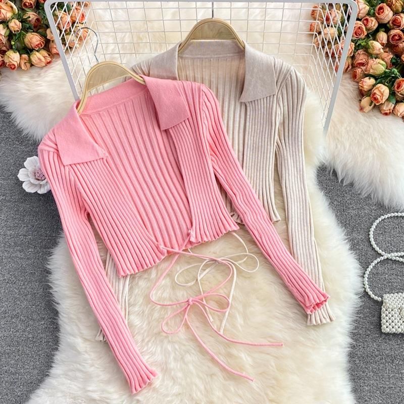 Áo croptop dệt kim tay dài cổ chữ V màu trơn phong cách Hàn Quốc cho nữ