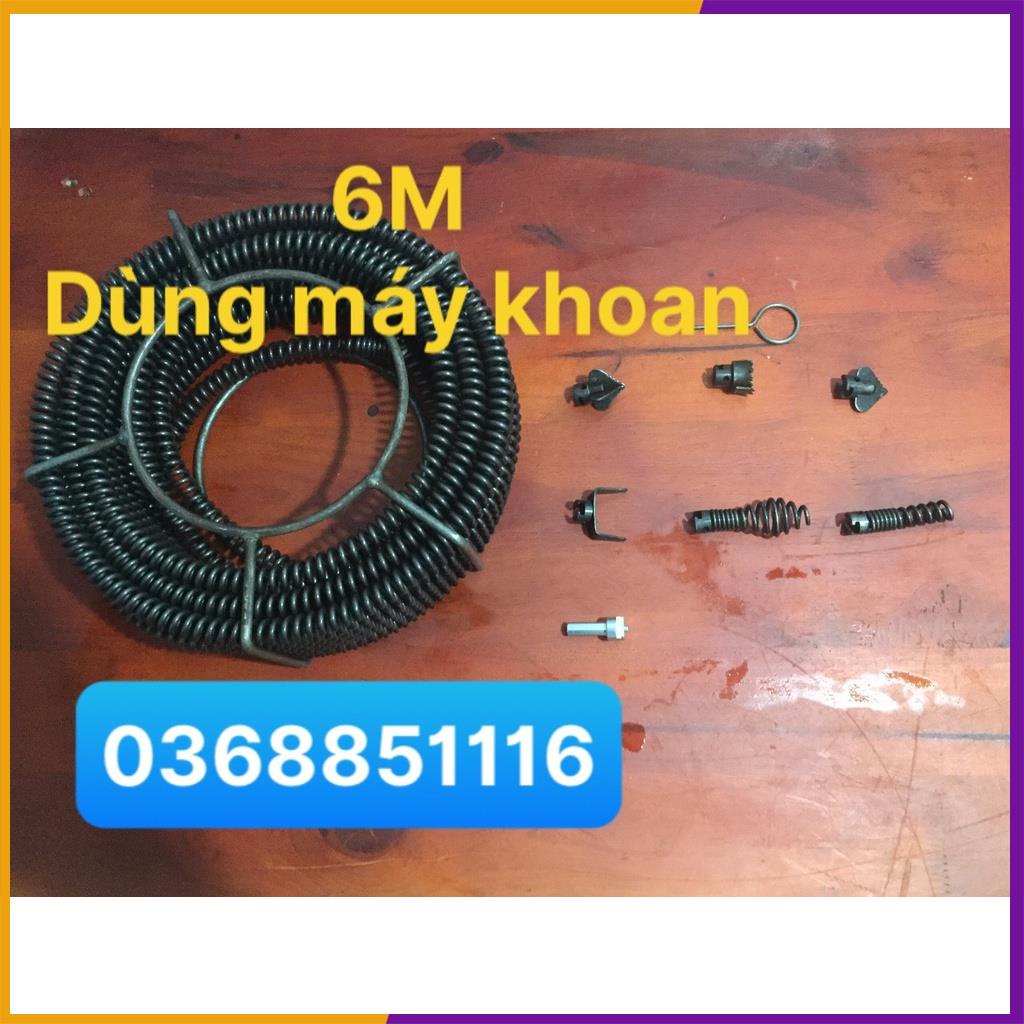 Dây Thông Tắc Vệ Sinh dài 6M, Dây Thông Bồn Cầu, Dây Thông Cống Lò Xo dùng máy khoan ( 6M+6đầu thông+kết nối máy khoan )