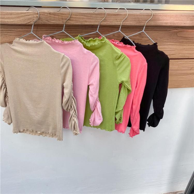 Girl Shirt  Autumn Cotton Long Sleeve Blouse Ear-edge Sleeve Closed Tendon Candy Color Undercoat Top
