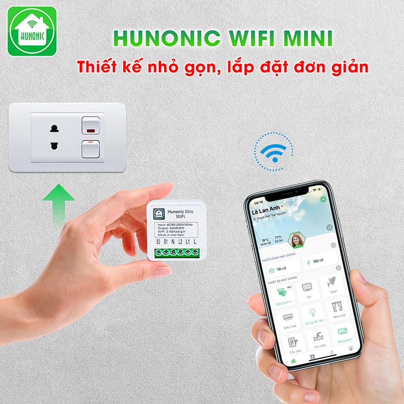 Công Tắc Thông Minh Wifi Hunonic Mini Điều Khiển Từ Xa Qua Điện Thoại, Hẹn Giờ Tự Động, Hàng Việt Nam.