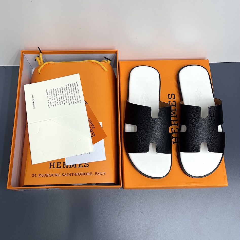 Dép lê quai ngang Hermes quai Đen da bò đế gỗ Trắng LA on web fullbox