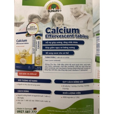 Viên sủi bổ sung canxi sunlife calcium effervescent - Bổ sung canxi cho cơ thể Giúp xương và răng chắc khoẻ (lọ 20 viên)