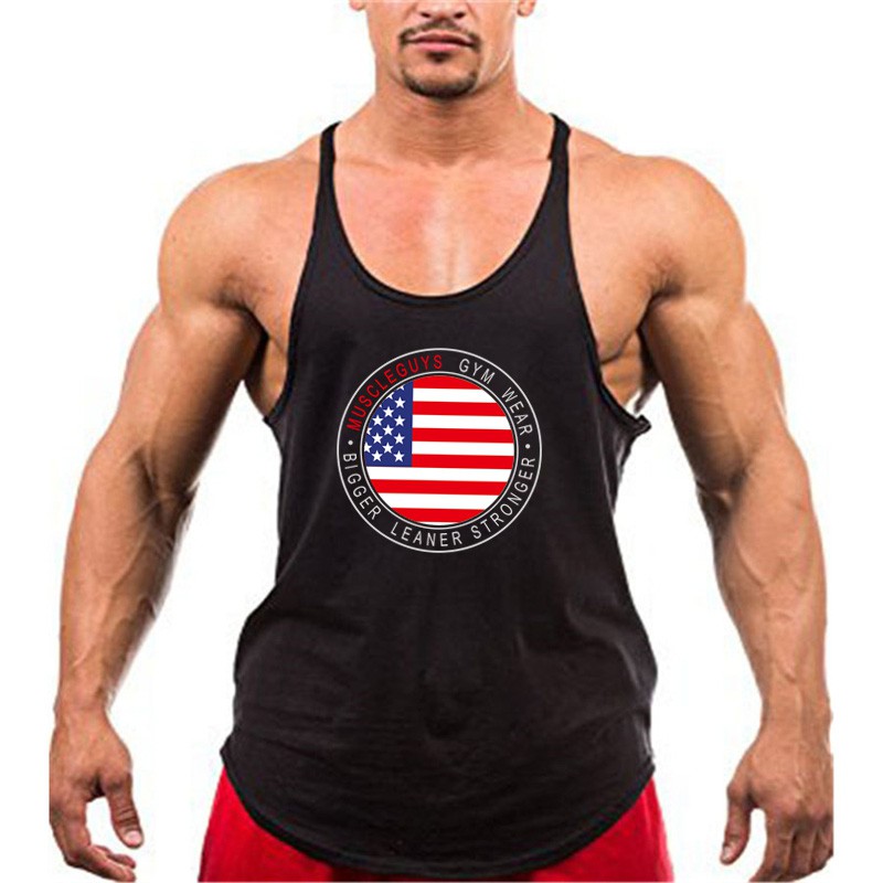 Gym Vest Mens Loose Singlet Usa American Flag Printed Spaghetti Tank Tops Vest