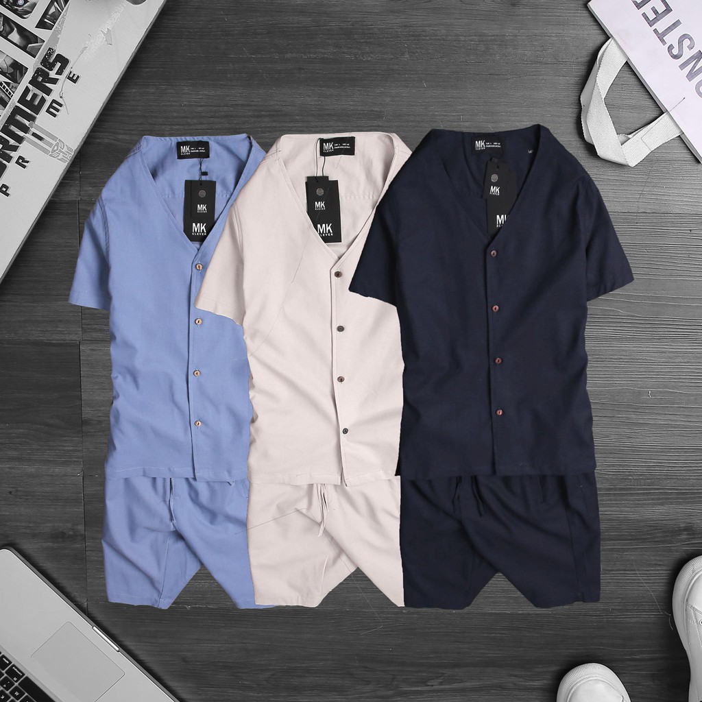 Bộ quần áo nam cotton 3 màu trẻ trung, thiết kế cổ chữ V cá tính, khoẻ khoắn | BigBuy360 - bigbuy360.vn