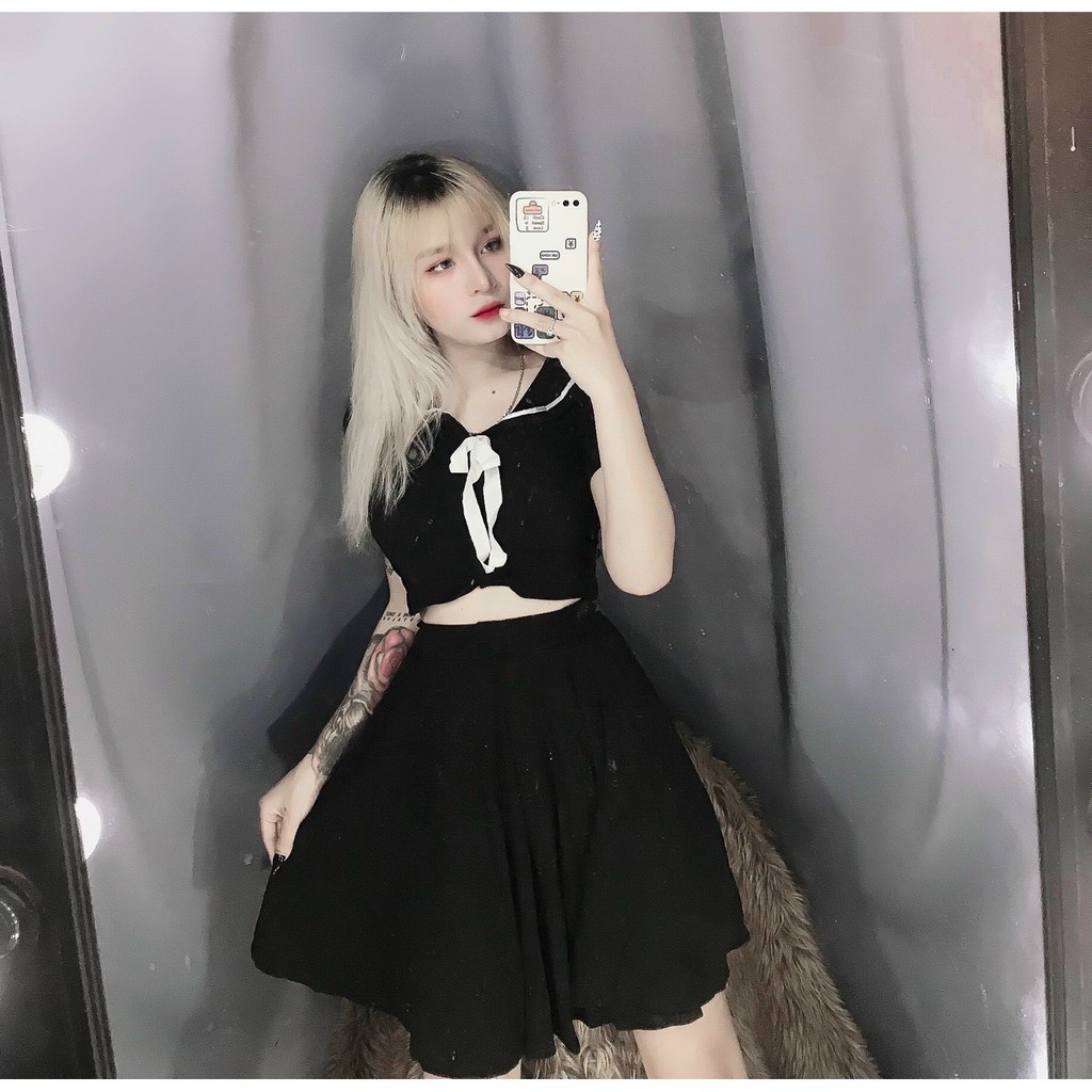 siêu xinh set bộ áo cổ sen dáng crop kèm chân váy xòe