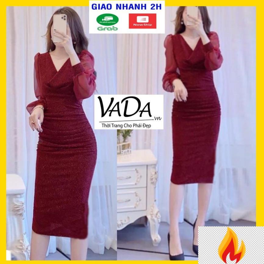 Đầm body tay dài cổ V cách điệu chất thun kim tuyến cáo cấp co giãn tốt - Thời trang VADA - VB65 -JB8