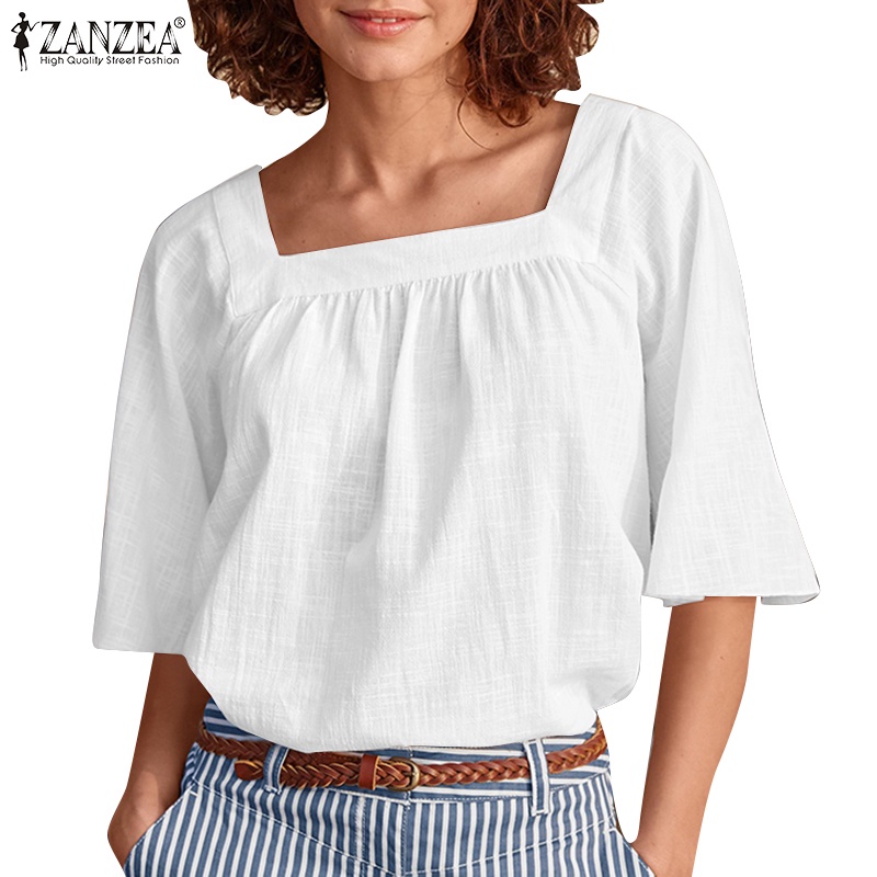 Zanzea Áo Kiểu Cổ Vuông Tay Loe Màu Trơn Phong Cách Bohemian Dành Cho Nữ