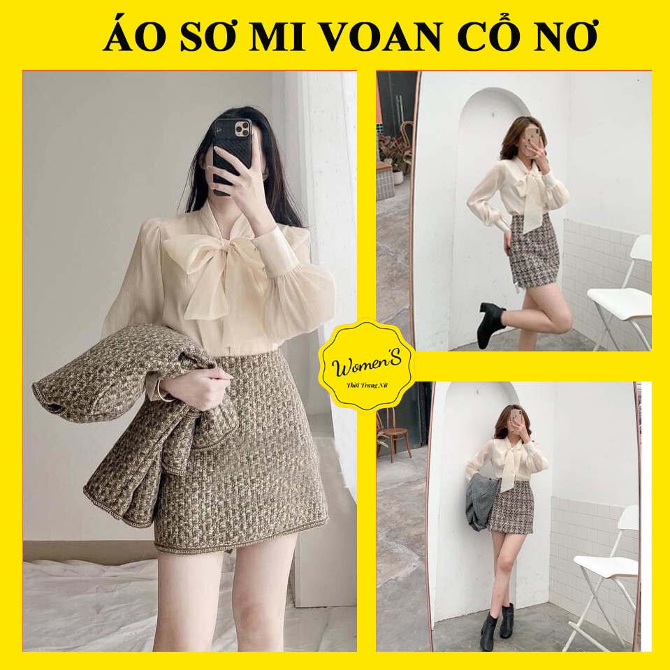 ÁO SƠ MI NỮ DÀI TAY VẢI VOAN, MÀU BE, CÔNG SỞ, CỔ NƠ BÁNH BÈO THỜI TRANG HÀN QUỐC