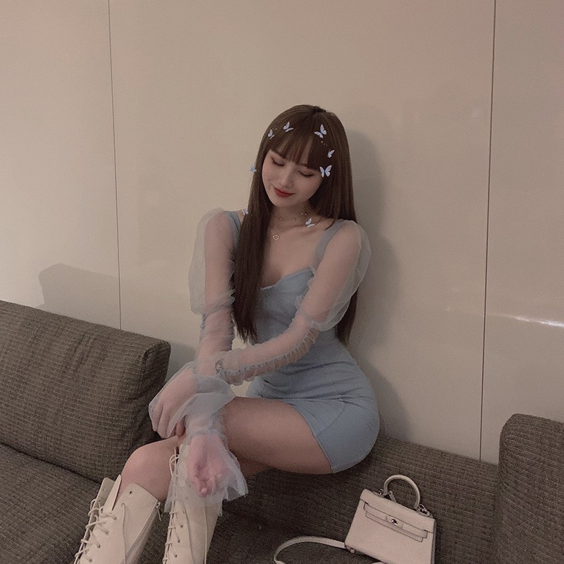 Váy màu xanh pastel cổ vuông cúp ngực tay phối voan lưới sexy quyến rũ ôm body