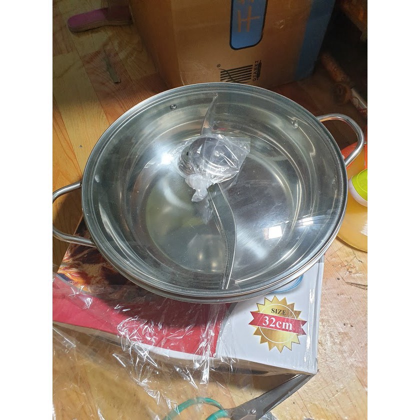 [FreeShip - LOẠI 1] Nồi Lẩu 2 Ngăn 32cm, Nấu Được Bếp Từ, Chất Liệu Inox Dày Dặn Nắp Kính Sang Trọng