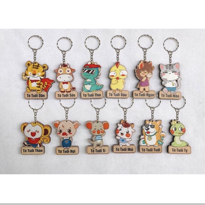 COMBO 12 Móc Khóa Gỗ 12 Con Giáp Ngộ Nghĩnh - Phụ Kiện Phong Thủy Treo Balo/Chìa Khóa - SP000495