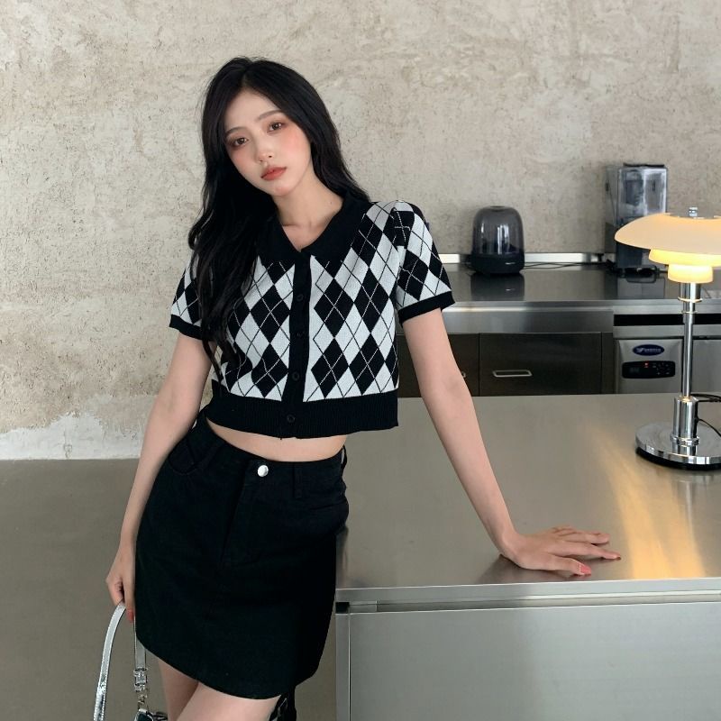 Áo Polo Tay Ngắn Họa Tiết Kim Cương 175285 Áo Dệt Kim Ngắn Phong Cách Retro Thời Trang Mùa Hè Dành Cho Nữ