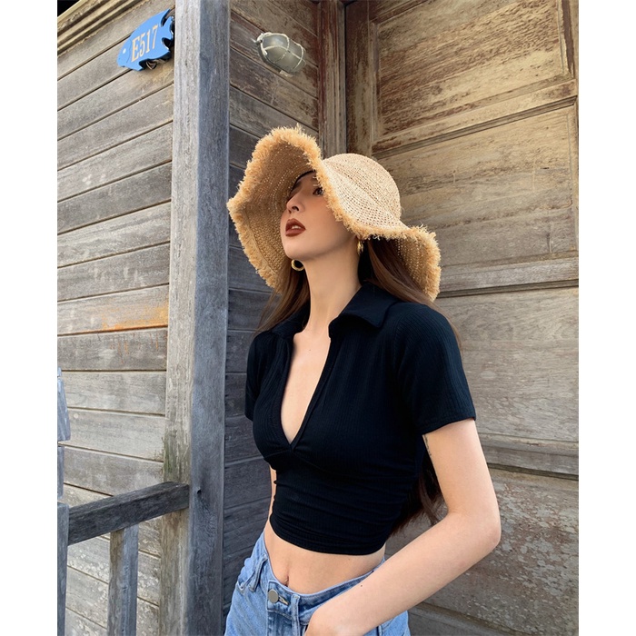 QKOOLE Áo thun lửng  tay ngắn cổ bẻ chữ V thời trang cho nữ