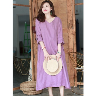 Đầm suông cổ tim tay lỡ SLINEN, chất vải Linen bột Premium, form váy suông không kén dáng mặc.