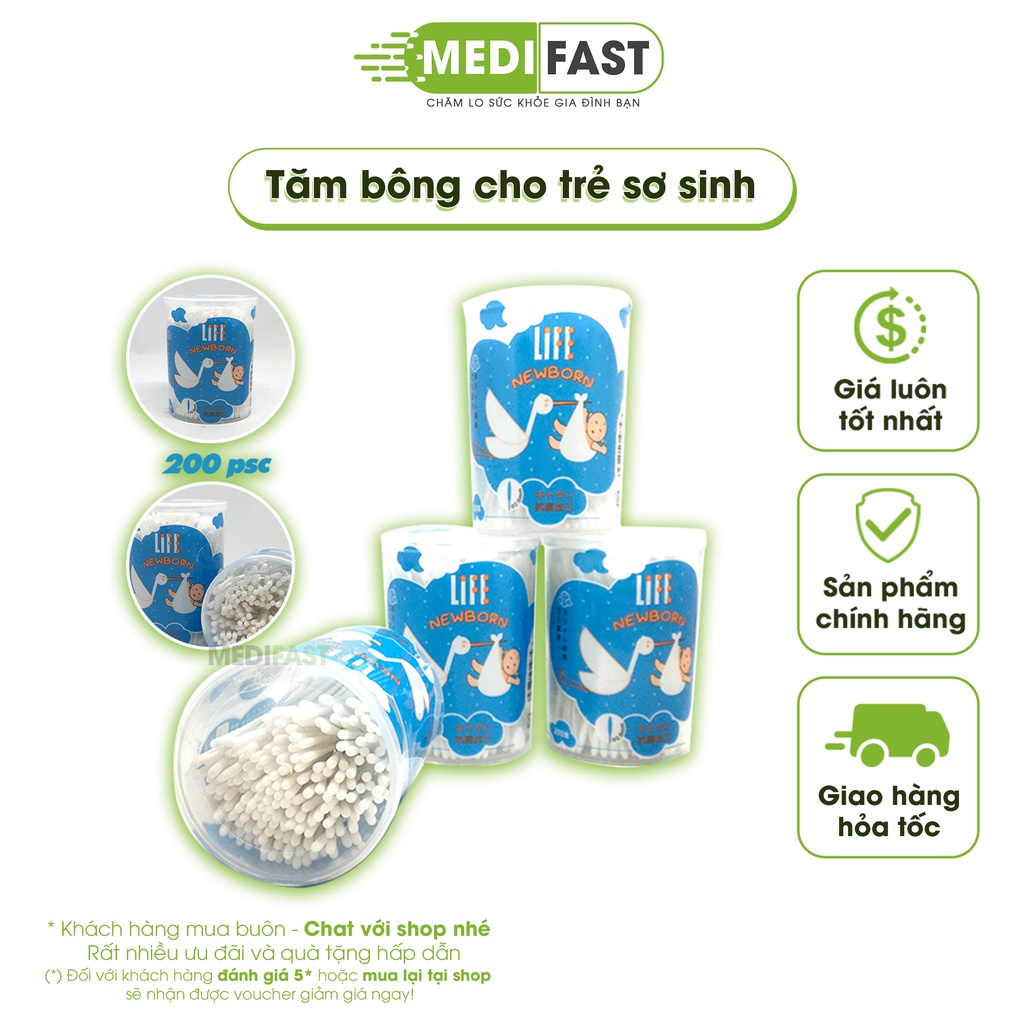 Tăm bông cho trẻ sơ sinh Life Newborn thân giấy công nghệ Nhật Bản hộp 200 que an toàn vệ sinh cho bé