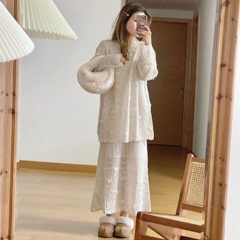 Set áo váy len màu be ZR