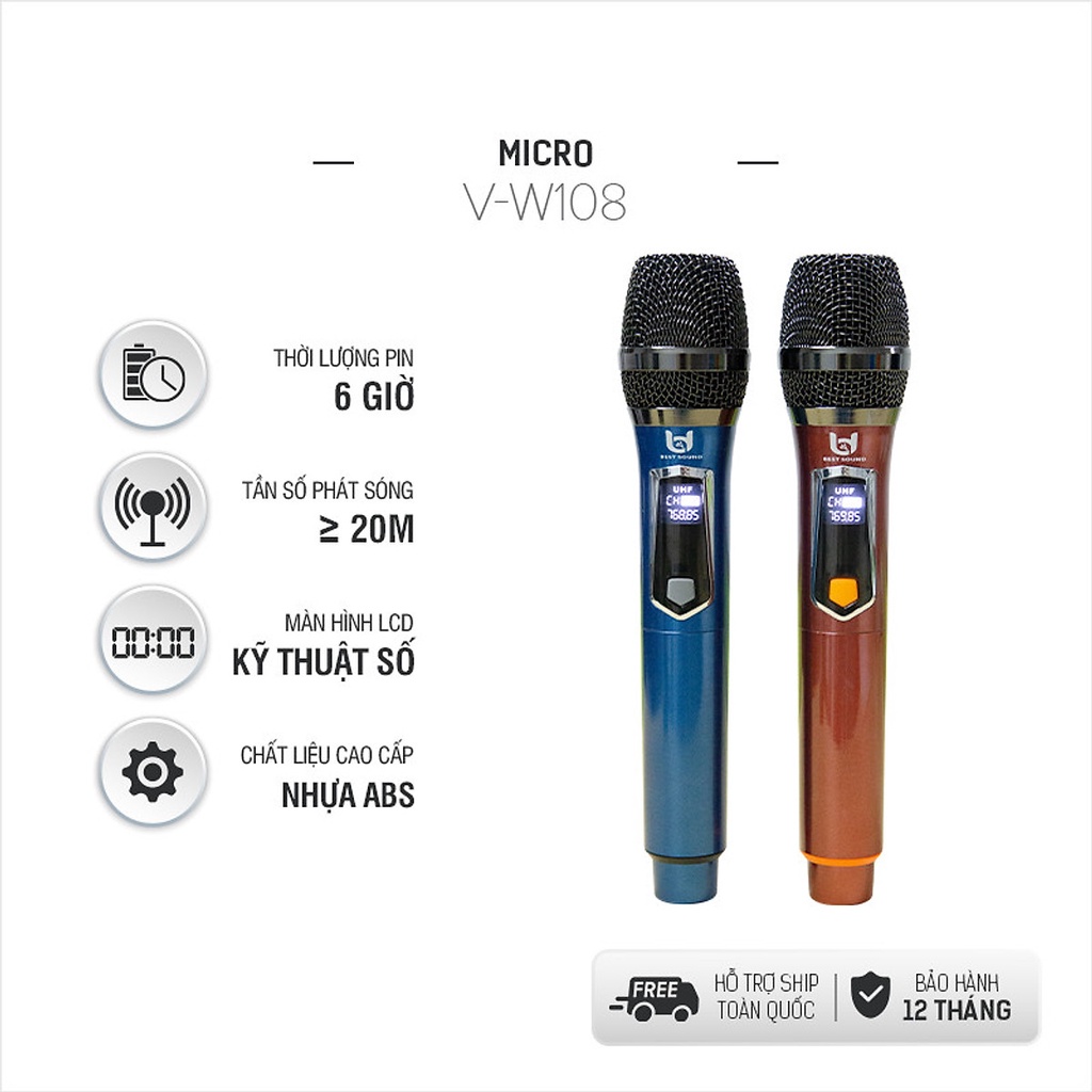 Bộ 2 Micro Karaoke Không Dây Cực Hay W108 - Kết Nối Xa - Hút Âm Cực Tốt - Hát Cực Nhẹ - Tần Số VHF - Hàng Chính Hãng