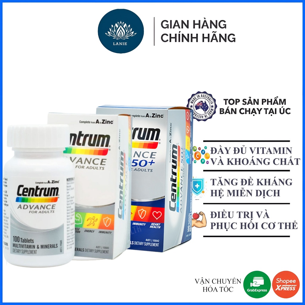 Vitamin tổng hợp Centrum Advance For Adults và Adults 50+ dành cho người lớn tuổi 100 viên chuẩn Úc