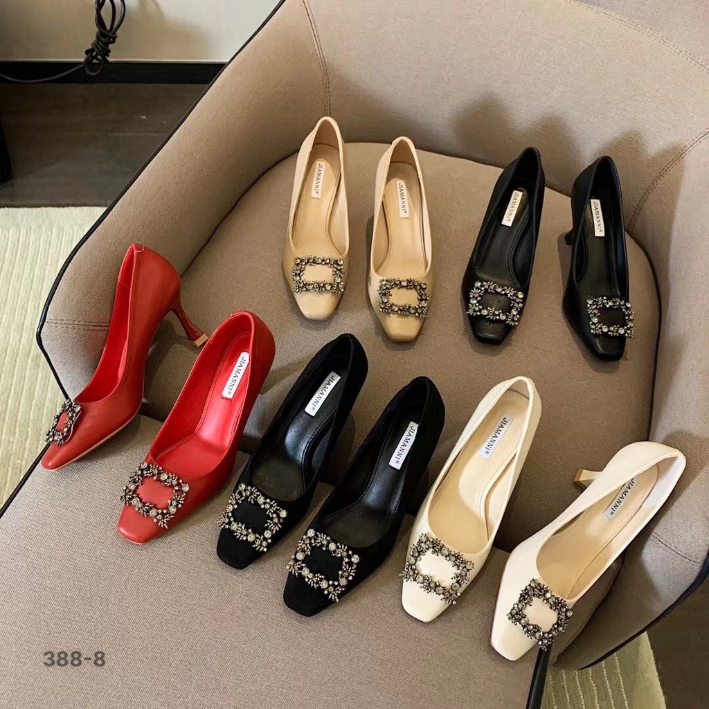 Giày thời trang nữ QC ❤️FREESHIP❤️ Giày công sở cao gót phong cách Hàn Quốc khuy đá mũi vuông, gót nhọn cao 7cm 388-8