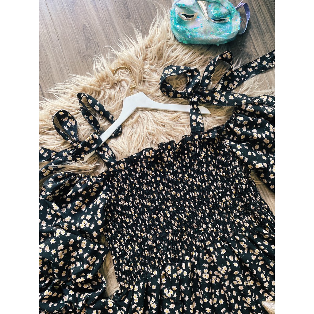 Đầm hoa cúc ulzzang tay bồng bigsize vai nơ 75-110kg